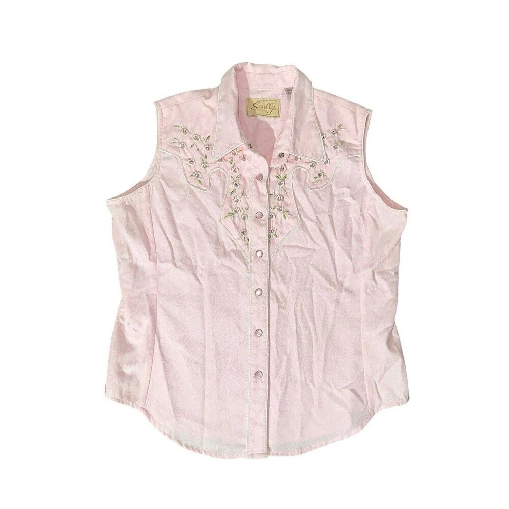 Scully Ivory Pink Pearl Snap Sleeveless Top Floral Embroidered Rare Western Sz L